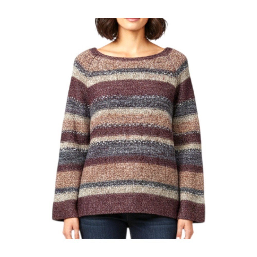 CHICO'S Sparkle Stripes COZY WOOL BLEND SWEATER Burgundy Gray Silver Rust L/2